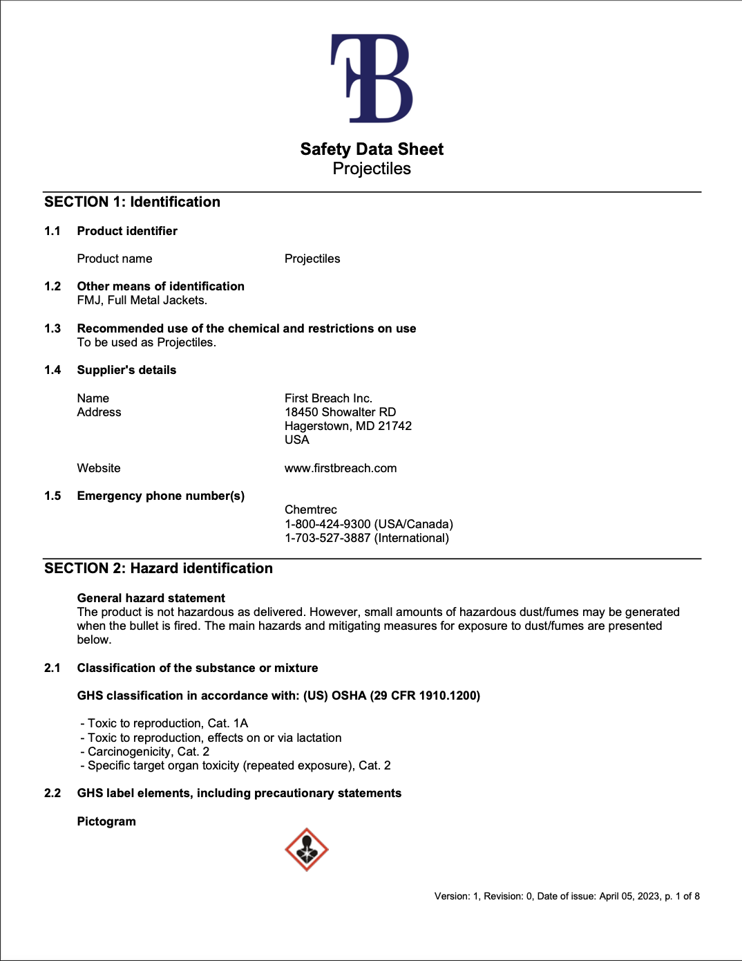 Projectiles Datasheet Front Page